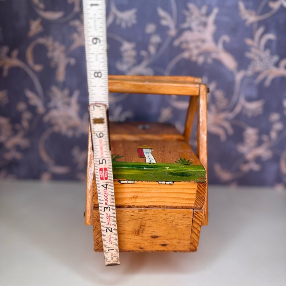 Vintage Mexican Folk Art Two Tier Wooden Sewing Box - Picture 10 of 13